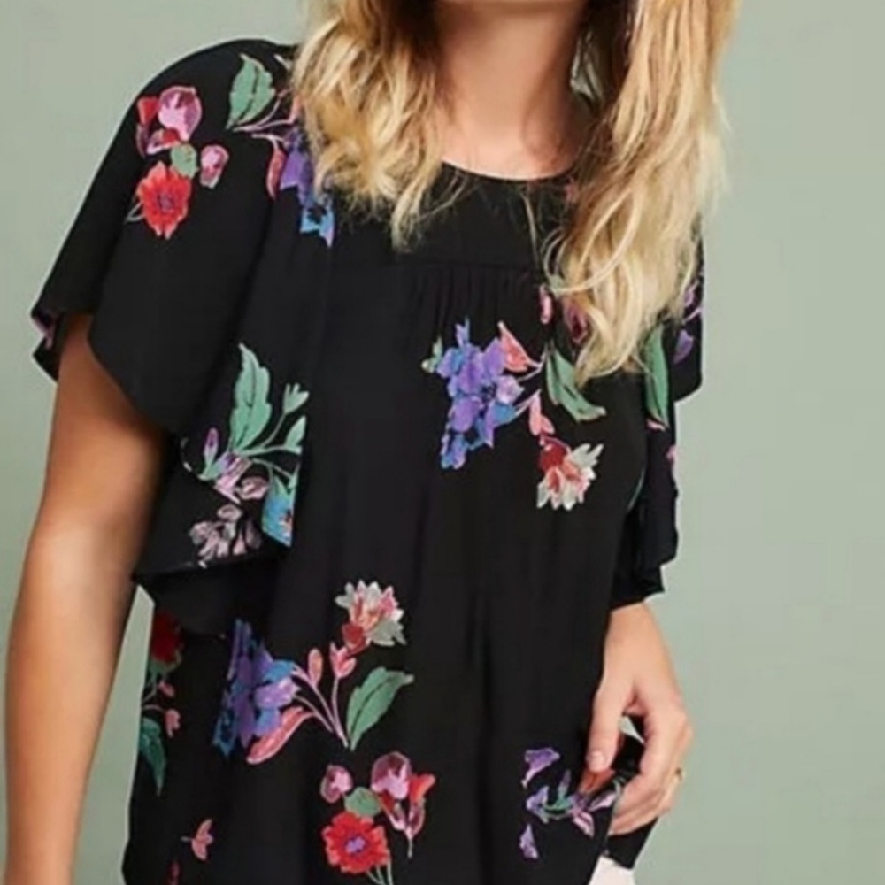 Anthropologie Maeve Black Floral Flutter Sleeve Blouse Small